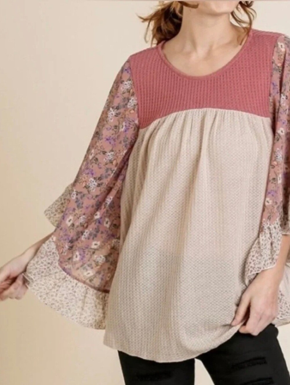 Umgee Mixed Print Bell Sleeve Top in Rose is a bohemian-inspired Blouse Size L